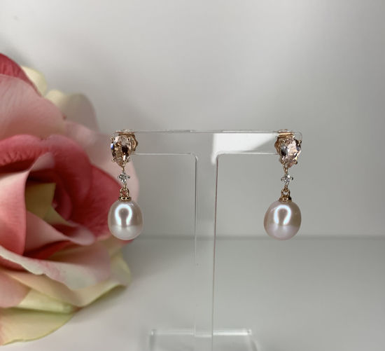 Image sur Boucles d'oreilles perles d'eau douce, morganites, diamants et or rose